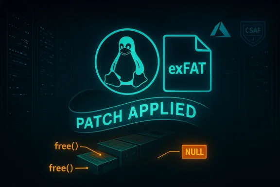 Neon Linux logo with an exFAT file and a PATCH APPLIED banner in a data-center scene.
