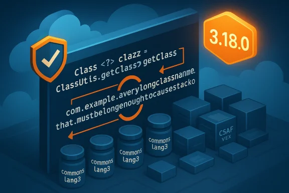 Stylized tech scene with code on a monitor, shield icon, 3.18.0 badge, and commons-lang3 stacks.