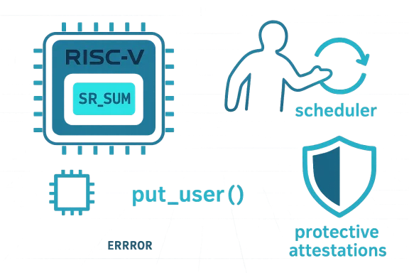 Blue neon depiction of a RISC-V chip with SR_SUM, scheduler, and protective attestations.