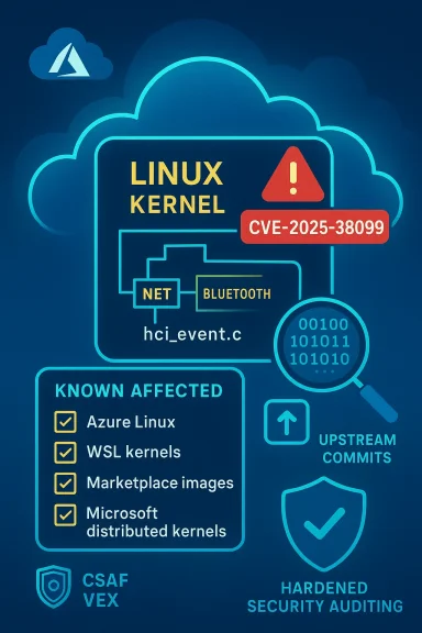 Infographic on Linux kernel CVE-2025-38099 security flaw and its known affected components.