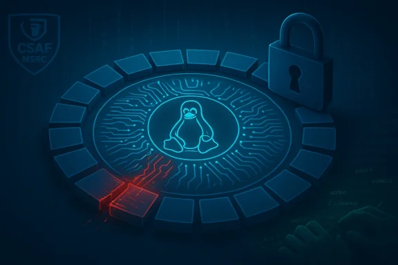 Linux penguin sits inside a glowing circuit ring secured by a padlock.
