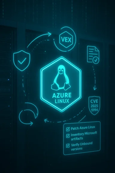 Neon holographic diagram showing Azure Linux with security checks and patch workflows.