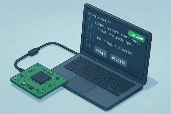 A laptop shows patched MRuby code on screen, connected to a green PCB.