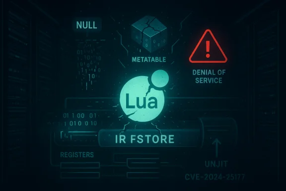 Tech-noir illustration of Lua with a metatable concept and a Denial of Service warning.