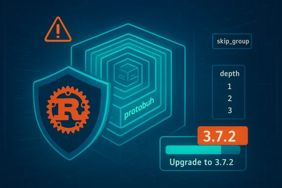 Futuristic UI showing a security shield and an upgrade prompt for version 3.7.2.