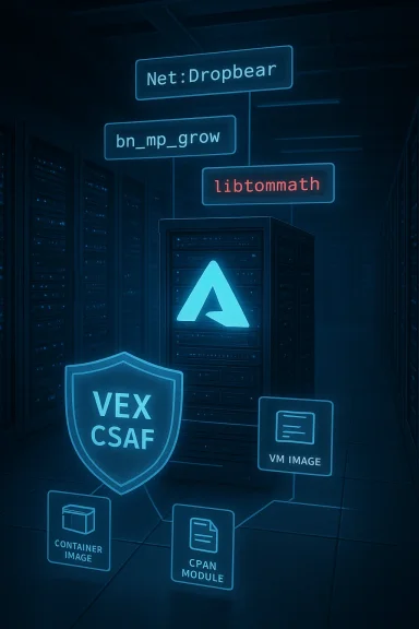 Futuristic data center with neon holographic labels hovering over server racks.