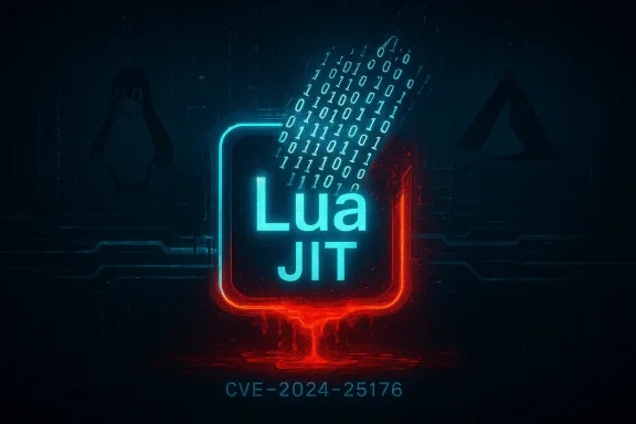 Neon LuaJIT logo glows with cascading binary digits and CVE-2024-25176 tag.