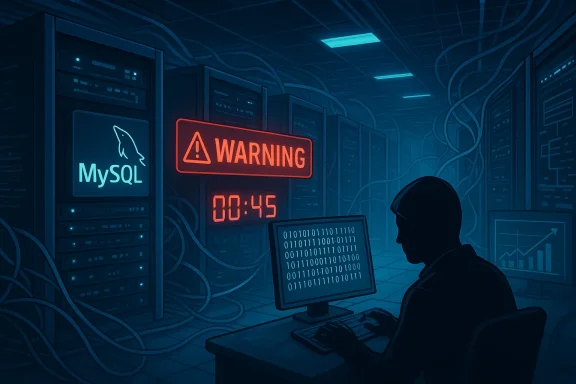 Hacker-like figure at a computer in a blue-lit data center, with MySQL servers and a glowing warning sign.