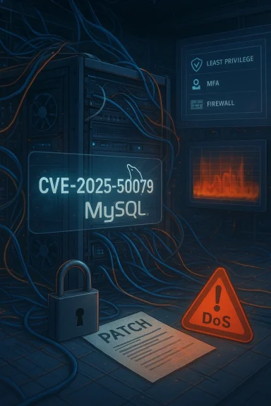 Server rack shows CVE-2025-50079 MySQL alert with patch note, a padlock, and a DoS warning.