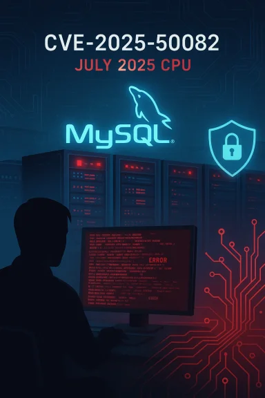 Silhouette at a computer under a MySQL security poster reading CVE-2025-50082.