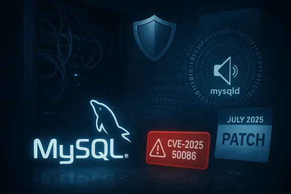 Dark server room with MySQL logo and a July 2025 patch badge.