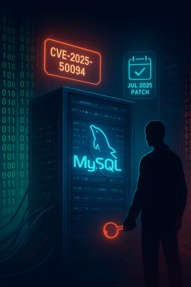 Silhouette beside a MySQL server, glowing with CVE-2025-50094 and a July 2025 patch.