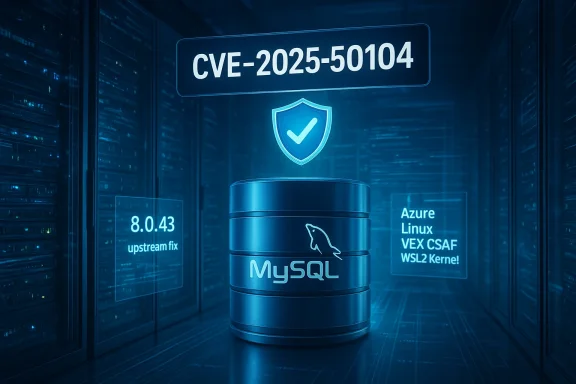 Blue data-center scene with a MySQL barrel, shield icon, and CVE-2025-50104 label.