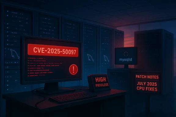 A dim data center with a red alert showing CVE-2025-50097 and patch notes for July 2025.