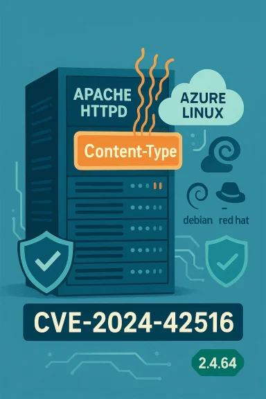 Stylized server rack showing Apache HTTPD with a Content-Type vulnerability (CVE-2024-42516) in a Linux/cloud environment.