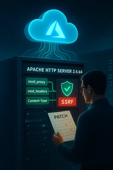 A technician patches Apache HTTP Server 2.4.64 in a data center, addressing SSRF.