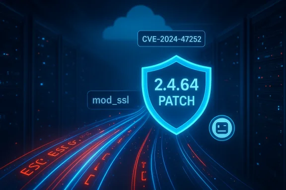 Blue holographic shield highlights patch for CVE-2024-47252 in mod_ssl 2.4.64.