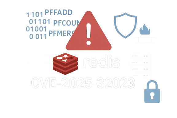 Red warning triangle above the Redis logo, highlighting CVE-2025-32023 vulnerability.