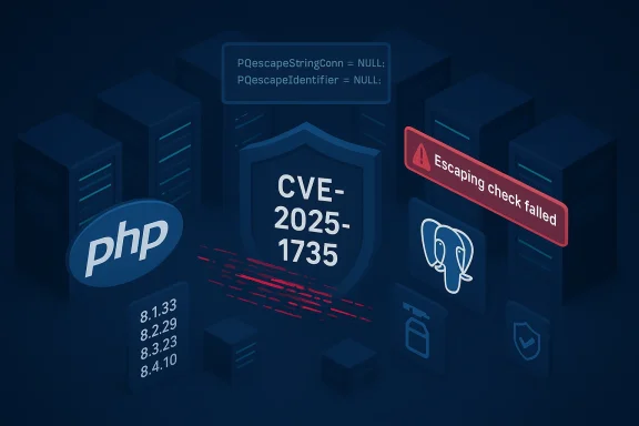 Cybersecurity illustration: a data center shows CVE-2025-1735 shield and an escape-check failed warning.