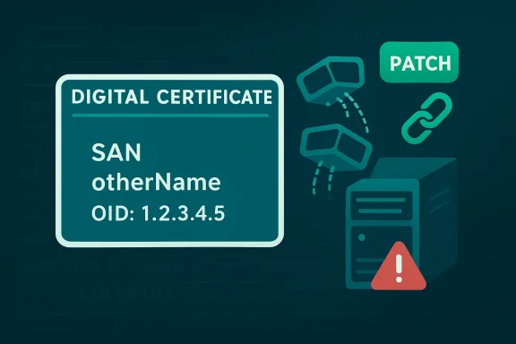 Illustration of a digital certificate with SAN/otherName and OID, plus patch and warning icons.