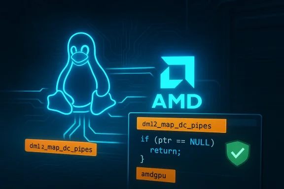 Glowing blue Linux penguin beside the AMD logo on a circuit-board with code snippets.