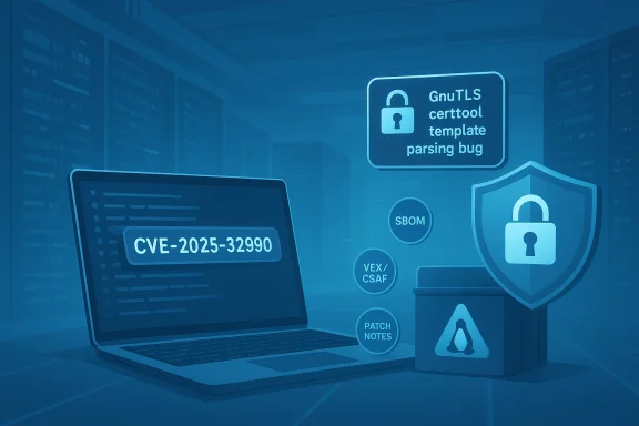Blue cybersecurity illustration with a laptop showing CVE-2025-32990 and a shielded lock.