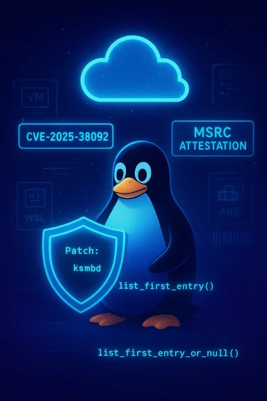 Neon-blue Linux penguin shields a cloud patch for CVE-2025-38092.