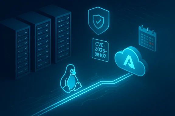 Neon blue data center scene with cloud security shield, CVE tag, and a Linux penguin.