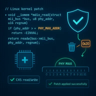 Neon blue Linux kernel patch code with a “Patch applied successfully” confirmation badge.