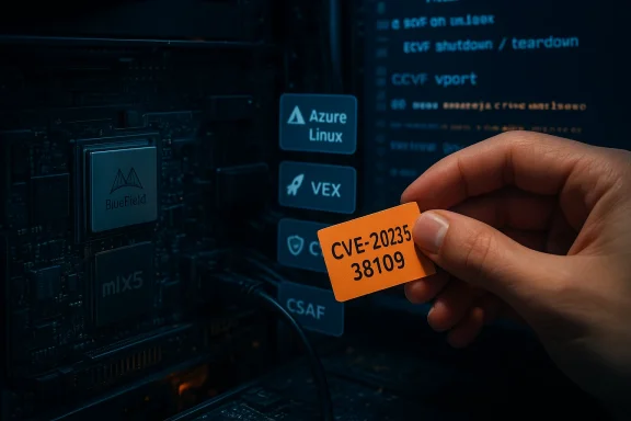 A hand holds an orange CVE tag next to a server motherboard labeled Azure Linux and VEX.