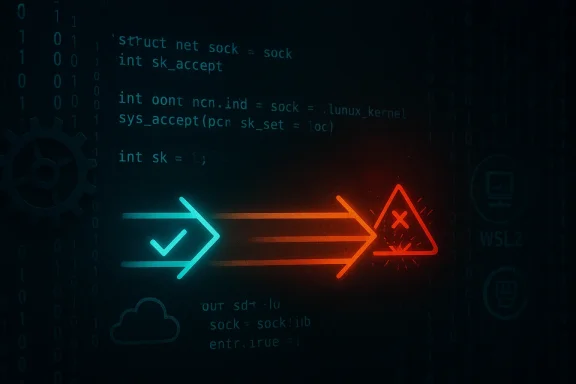 A neon blue check-arrow flows into a red warning triangle amid code and binary background.