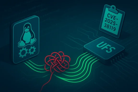 Linux icon linked to a UFS chip by a red knot, highlighting CVE-2025-38119 vulnerability.