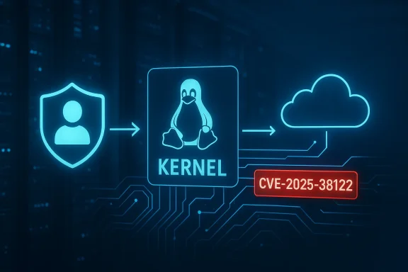 Security diagram: user to kernel to cloud, highlighting CVE-2025-38122 in Linux kernel.