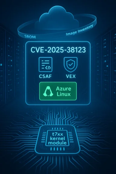 Neon blue cloud SBOM/image inventory highlights CVE-2025-38123 in Azure Linux kernel.