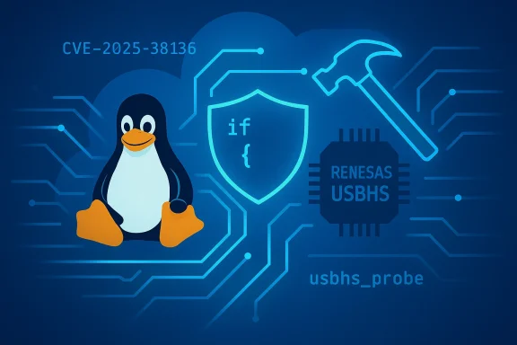 Linux penguin amid circuit lines, shield with if, and Renesas USBHS chip—CVE-2025-38136.