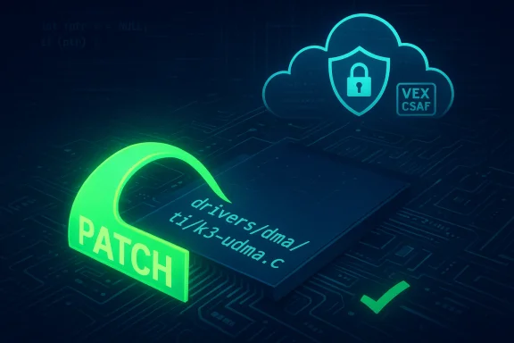 A bright green PATCH label arches over a circuit board beside code text and a cloud security icon.