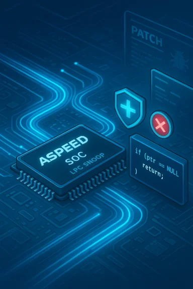 Glowing blue circuit board featuring an ASPEED SOC chip and code icons.