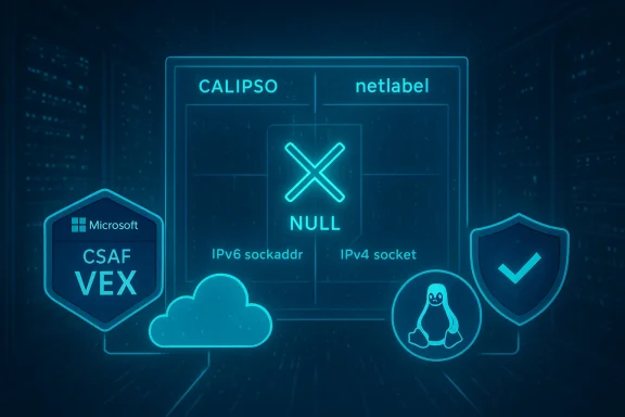 Neon blue cybersecurity art featuring a NULL cross, CALIPSO/netlabel, VEX badge, cloud, Linux penguin, and shield.