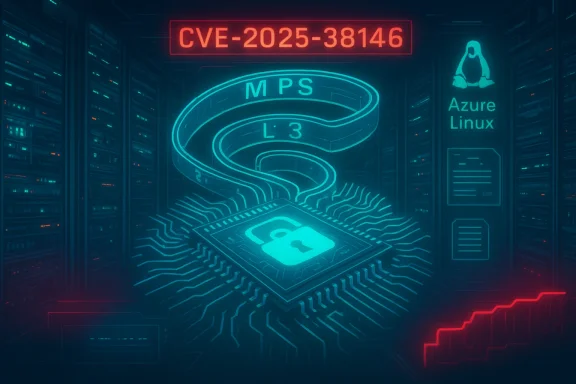 Neon data-center scene with a glowing secure chip, marked CVE-2025-38146 and Azure Linux branding.