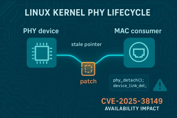 Linux kernel PHY lifecycle infographic with patch for CVE-2025-38149 availability impact.