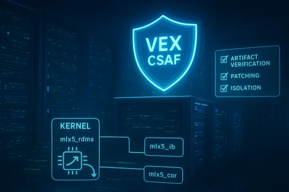 Neon VEX CSAF shield glows over a data center with kernel and mlx5 components.