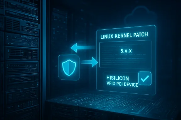 Holographic diagram shows a Linux kernel patch for a HiSilicon VFIO PCI device beside server racks.