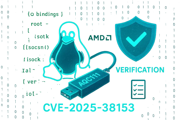 Neon Linux Tux with a USB drive and a verification shield, highlighting CVE-2025-38153.