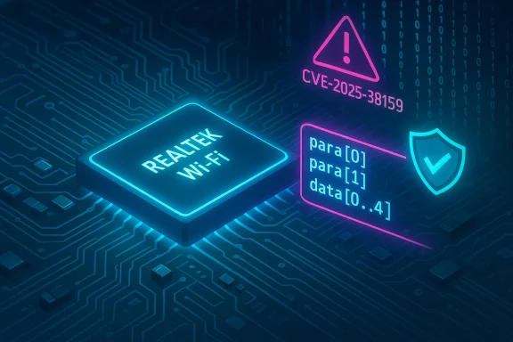 Neon circuit board with a Realtek Wi‑Fi chip, CVE warning, and data shield icon.