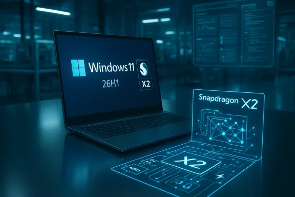 Laptop displays Windows 11 (26H1) with a glowing Snapdragon X2 hologram.