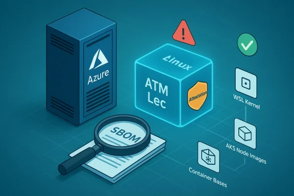 Azure server and a Linux-based attestation cube with SBOM and container components.