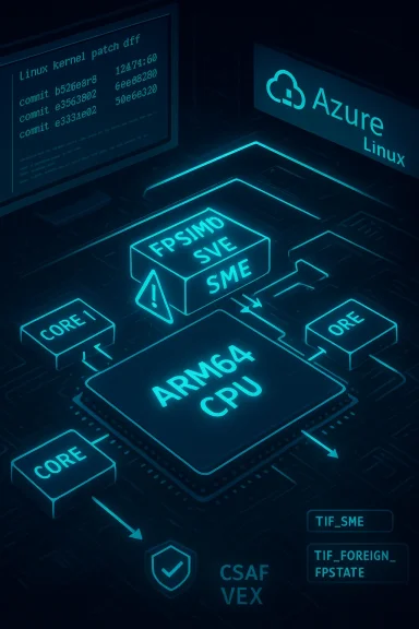 Neon blue circuit diagram of an ARM64 CPU with Azure Linux branding and core blocks.