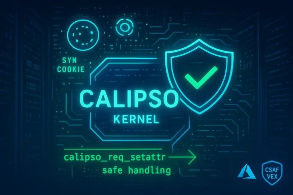Neon Calipso kernel security graphic with shield check, syn_cookie, and safe handling.