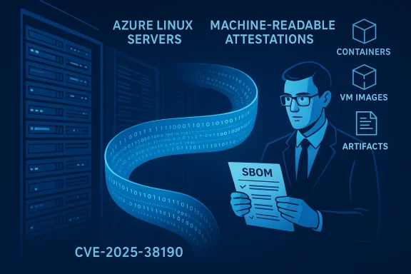 Illustration of cloud security with Azure Linux servers, SBOM attestations, containers, and CVE-2025-38190.