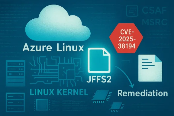 Azure Linux infographic highlighting JFFS2, Linux kernel, and CVE-2025-38194 remediation.